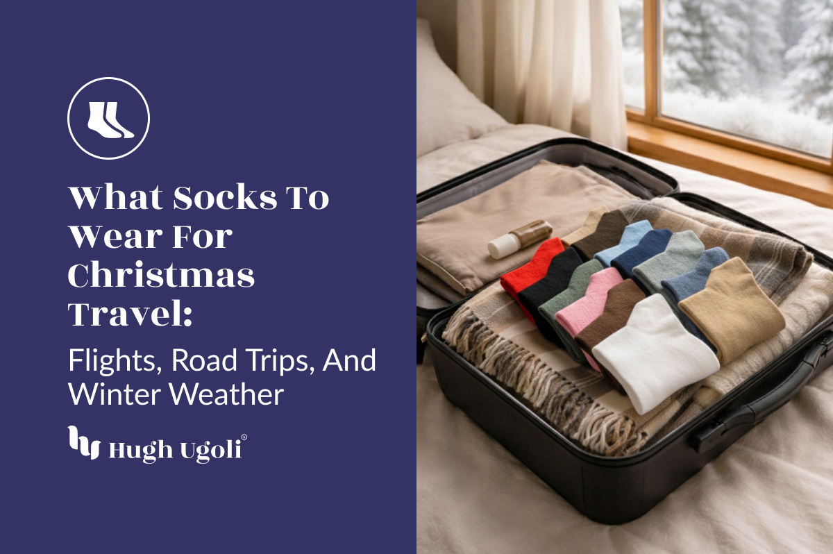 Open suitcase with colorful socks and a blanket on a bed with a window view, text about Christmas travel socks.