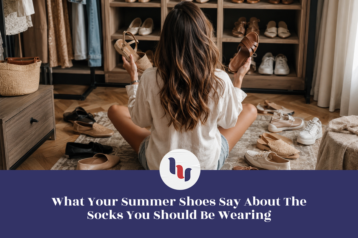 Woman comparing different summer shoes in a wardrobe while deciding which socks to wear.