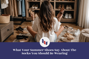 Woman comparing different summer shoes in a wardrobe while deciding which socks to wear.
