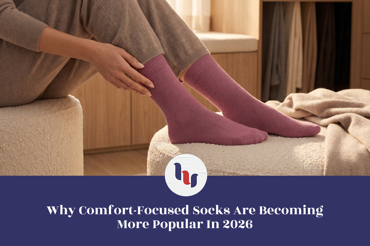Person wearing purple socks sitting on a couch with text about sock preferences in 2026.