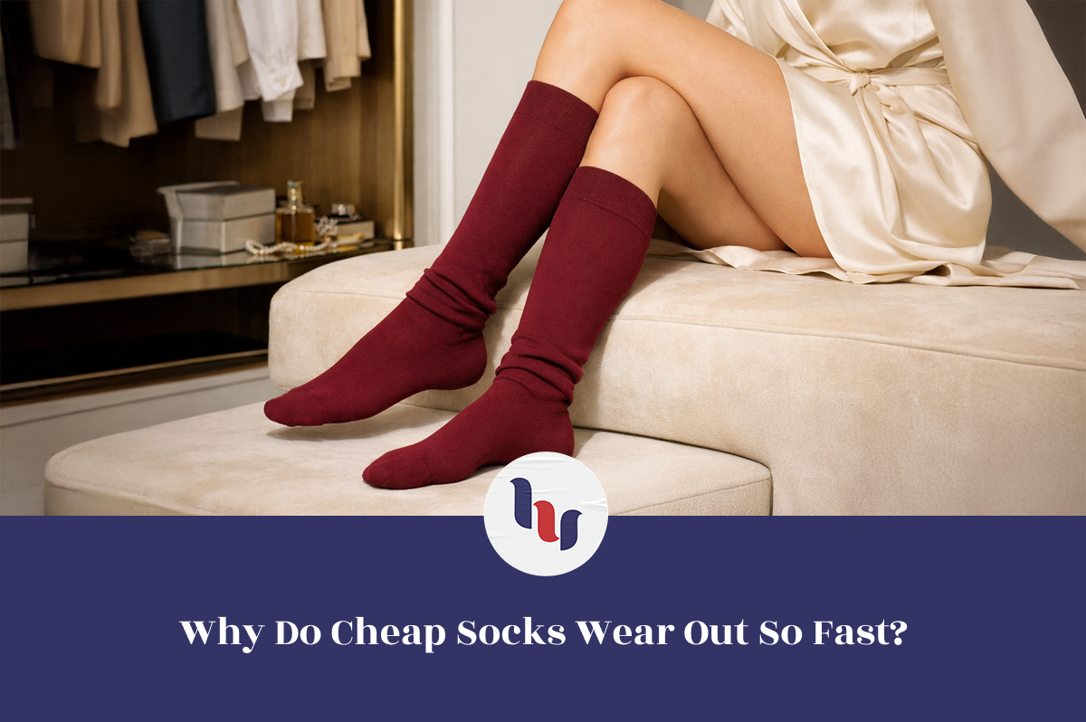 Person wearing red socks sitting on a couch with a question about sock durability.