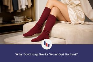 Person wearing red socks sitting on a couch with a question about sock durability.