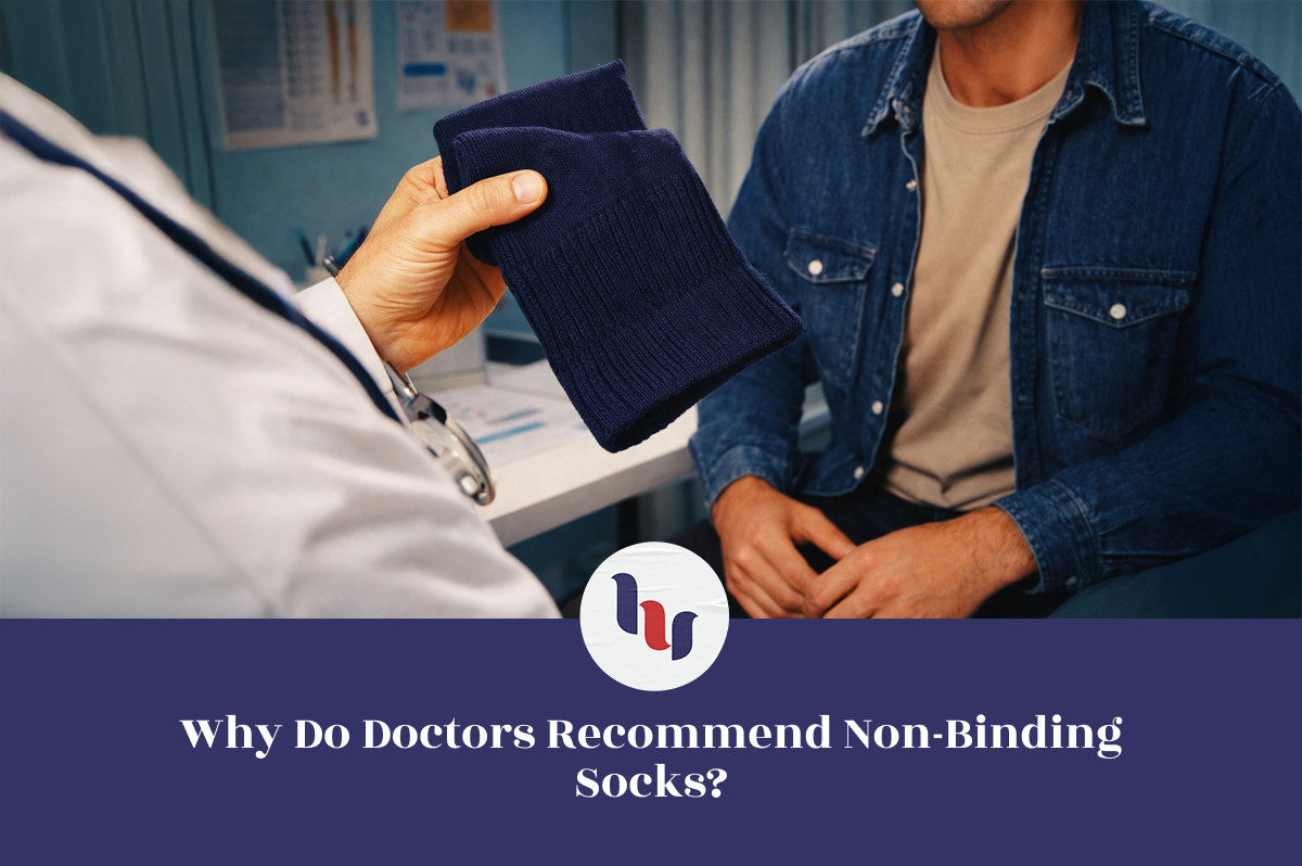 Doctor explaining non-binding socks to a patient in a medical setting