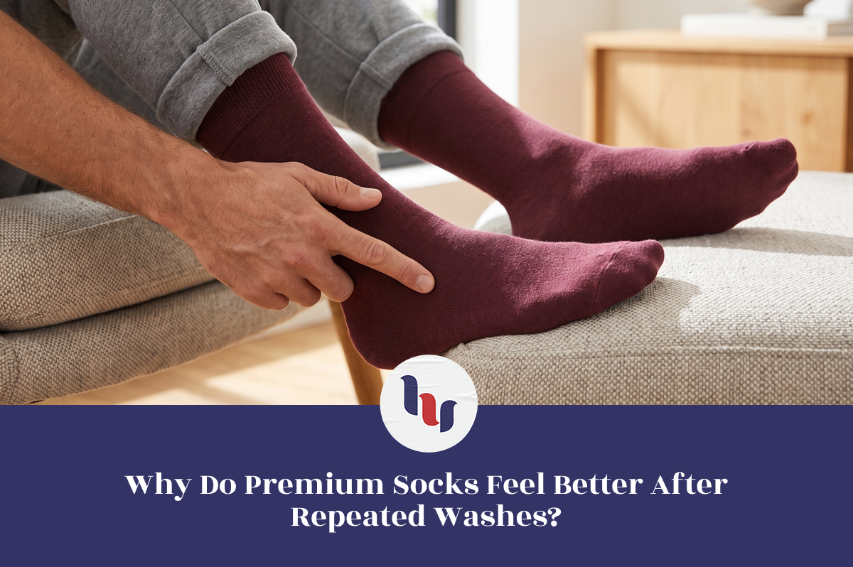 Comfortable premium crew socks after repeated washing.