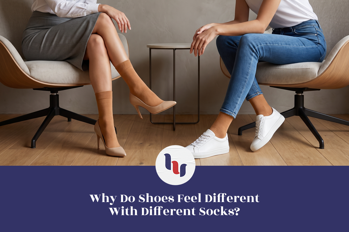 Different footwear paired with different sock styles to compare comfort.