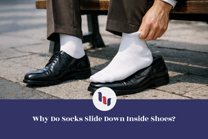 Person adjusting white socks inside black shoes on a sidewalk.