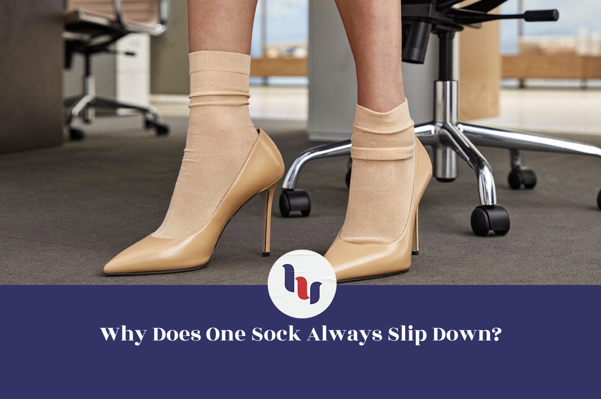 Beige crew socks slipping down while worn with high heels in an office setting.