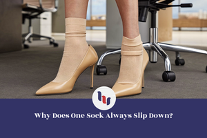 Beige crew socks slipping down while worn with high heels in an office setting.