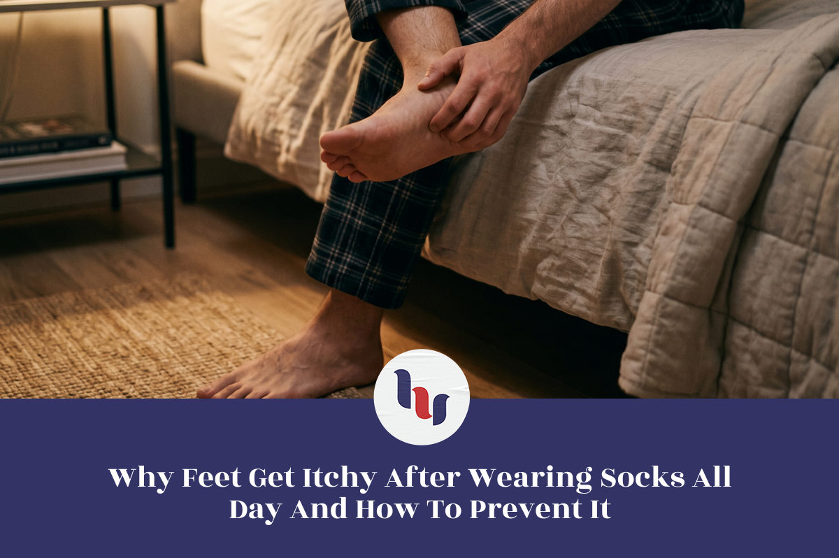 Person sitting on a bed scratching their foot after removing socks, illustrating foot irritation and itchiness caused by prolonged sock wear