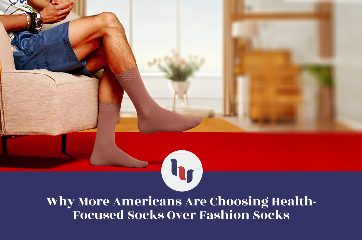 Person sitting on a couch wearing health-focused socks with a blurred background and a logo overlay.