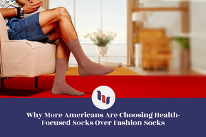 Person sitting on a couch wearing health-focused socks with a blurred background and a logo overlay.