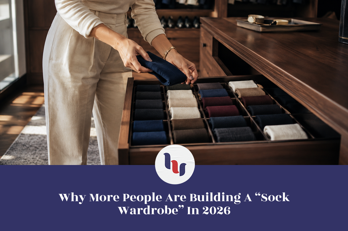 Person organizing a drawer filled with neatly arranged socks in different colors.