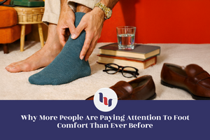 Person sitting indoors adjusting a teal crew sock by hand, with one foot wearing the sock and the other foot bare, surrounded by books, glasses, and leather shoes in a cozy living room setting