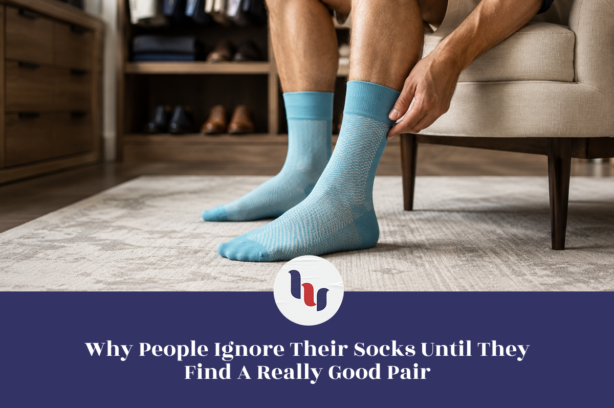 Person adjusting light blue crew socks at home, highlighting everyday comfort and fit.