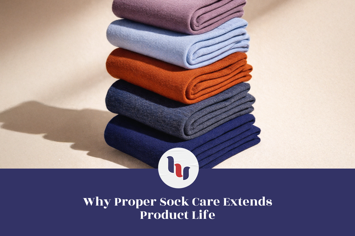 Stack of folded colorful socks on a beige background with a brand logo and text about sock care.
