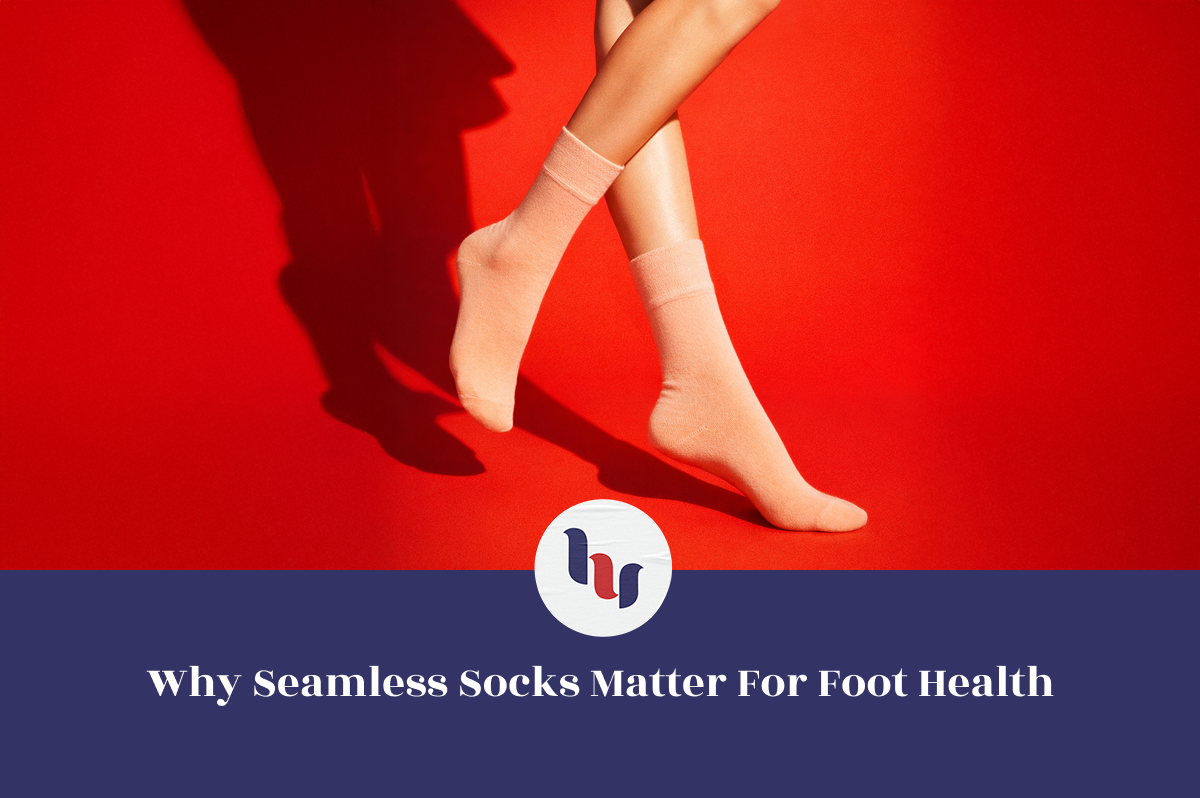 Person wearing beige seamless socks on a red background with a logo and text about foot health.