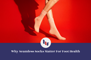 Person wearing beige seamless socks on a red background with a logo and text about foot health.