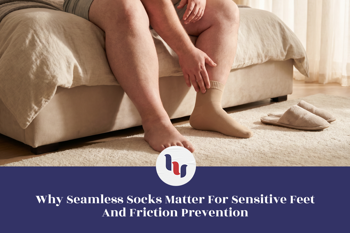 Person sitting on a couch wearing beige socks with a visible logo at the bottom.