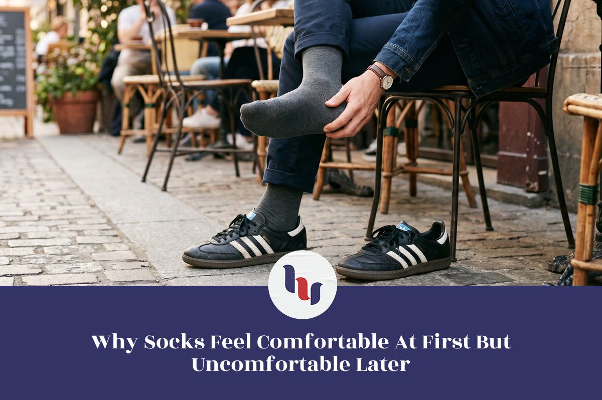 Alt text: Person sitting at an outdoor café adjusting gray socks, illustrating how socks can become uncomfortable after extended wear