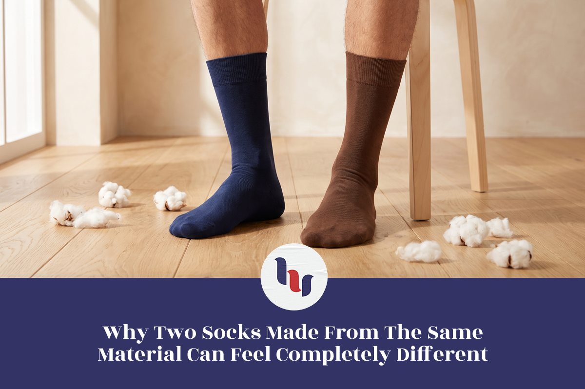 Two plain crew socks made from similar materials displayed with cotton fibers.