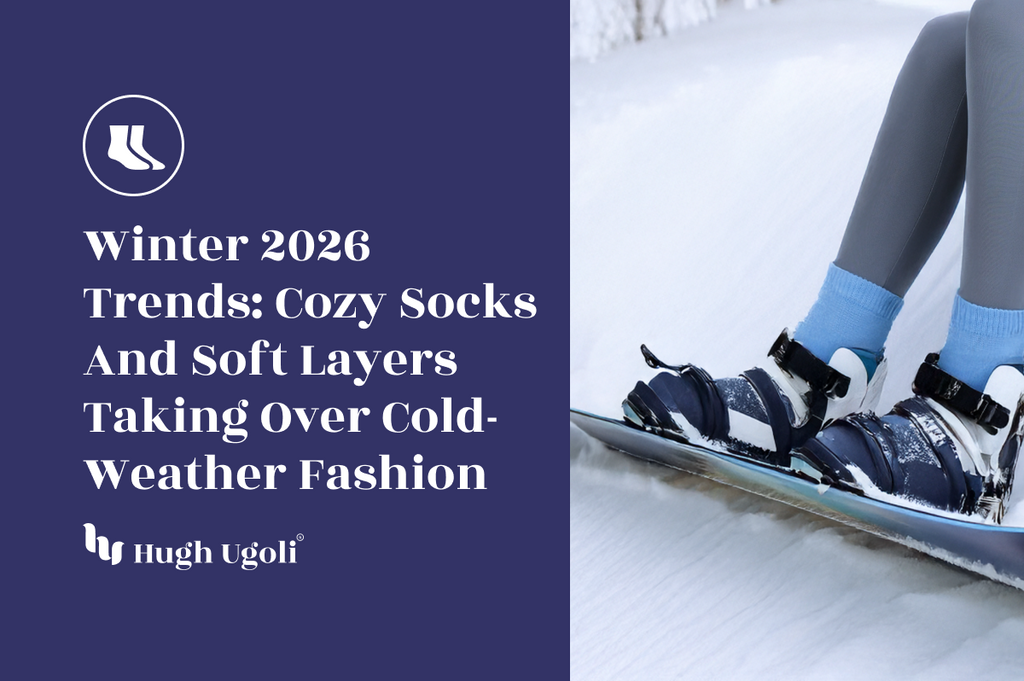 Person wearing ski boots and blue socks with text about winter 2026 trends on a blue background. Hugh Ugoli