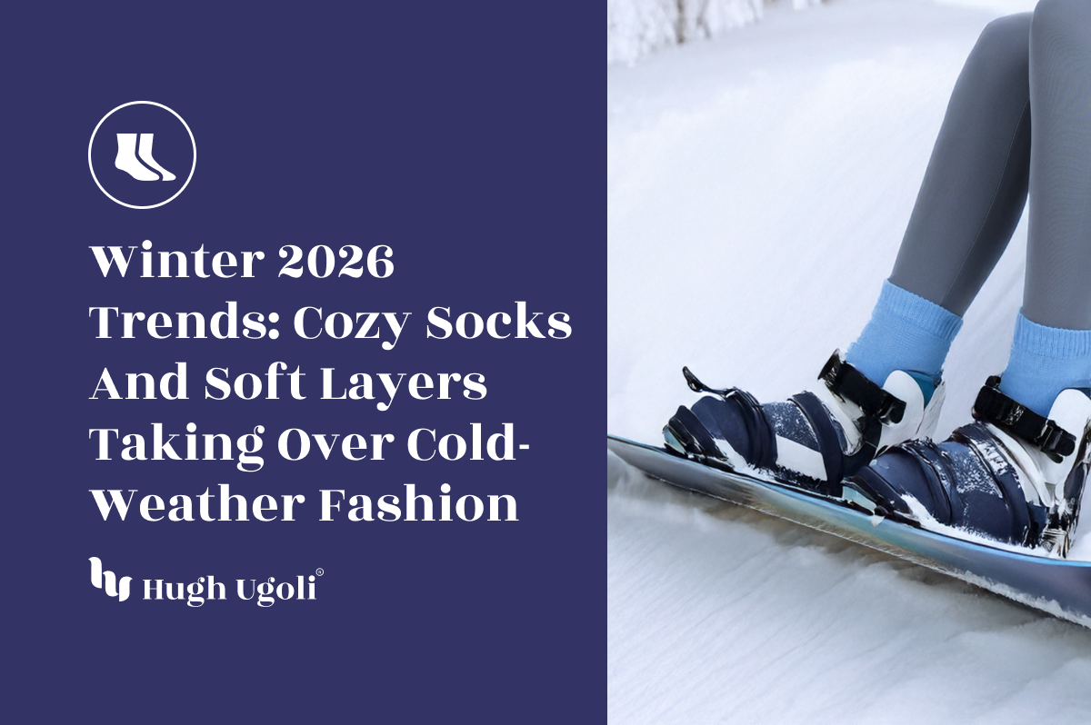 Person wearing ski boots and blue socks with text about winter 2026 trends on a blue background. Hugh Ugoli