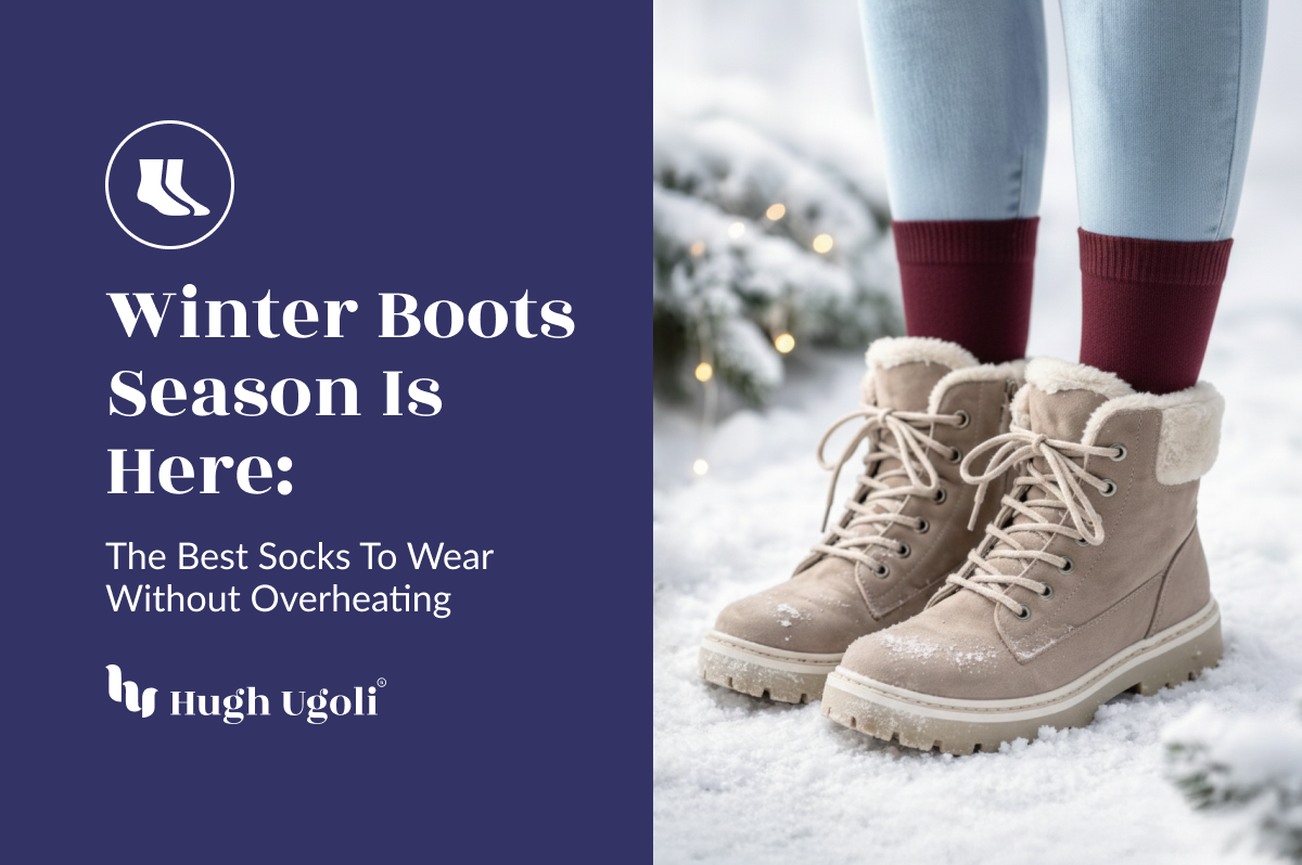 Beige winter boots with text about the best socks for warmth on a snowy background.