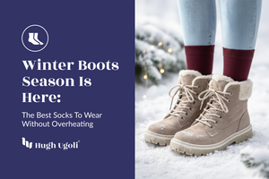 Beige winter boots with text about the best socks for warmth on a snowy background.