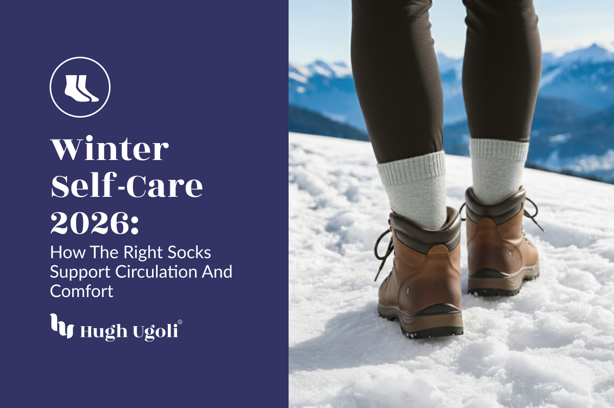 Person wearing brown boots and white socks standing on snow with mountains in the background, promoting Hugh Ugolf's winter self-care tips.