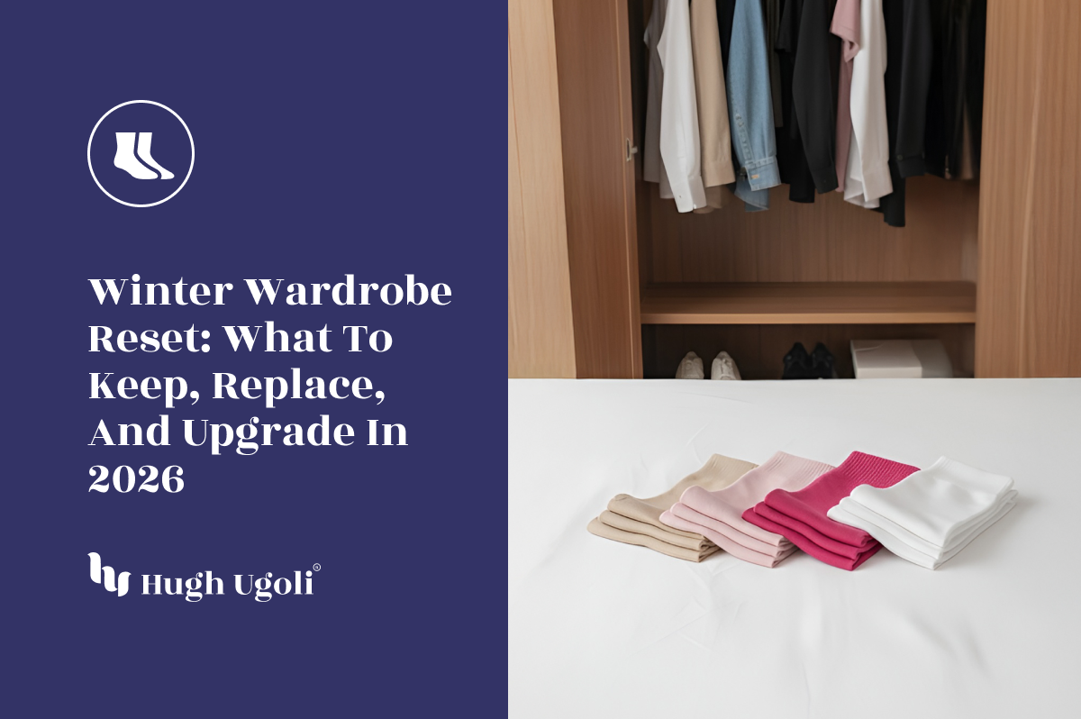 Closet with clothes and a stack of folded garments on a bed, with text about winter wardrobe reset.