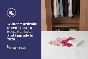 Closet with clothes and a stack of folded garments on a bed, with text about winter wardrobe reset.