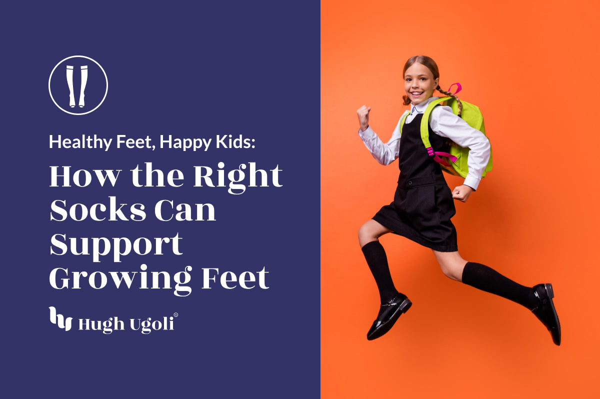 An exuberant young girl with a green backpack leaps in joy against an orange backdrop, showcasing the comfort and style of Hugh Ugoli's socks, designed to support growing feet and ensure happy, active kids.