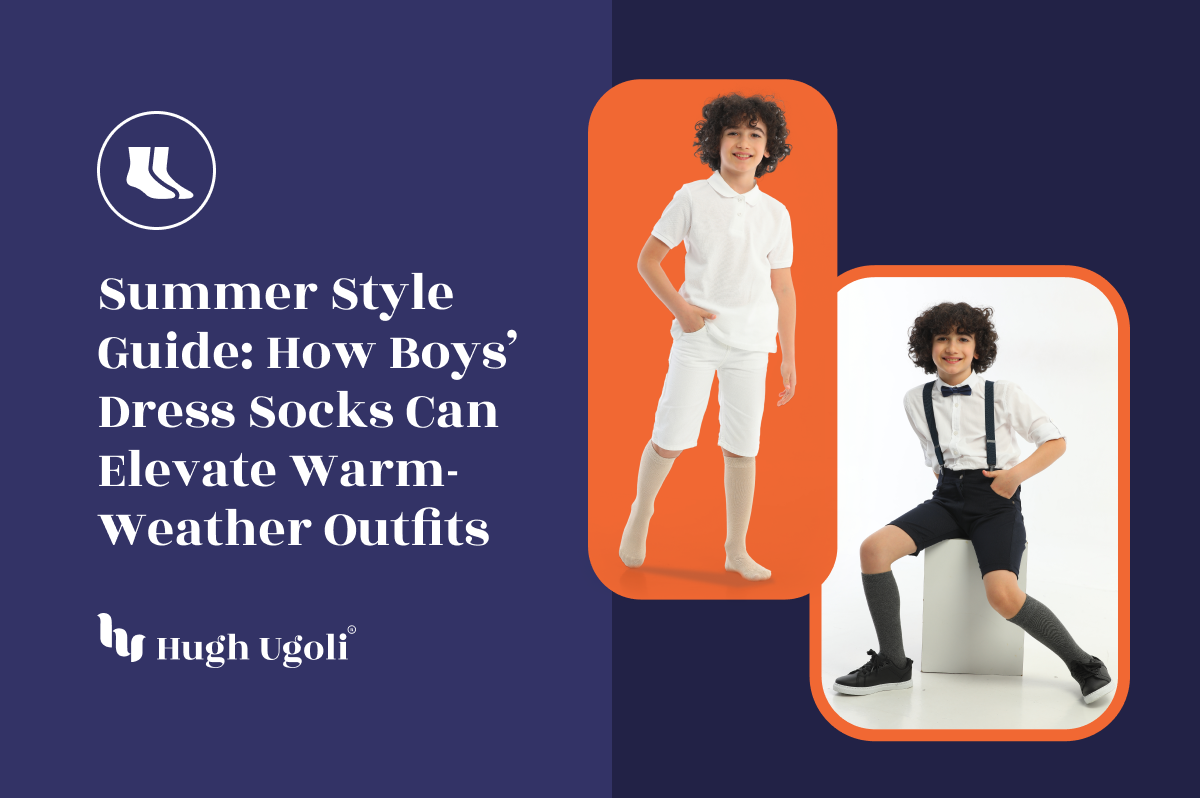 Two boys wearing stylish dress socks with summer outfits—one in an all-white look and the other in suspenders and shorts—showcasing warm-weather fashion ideas.