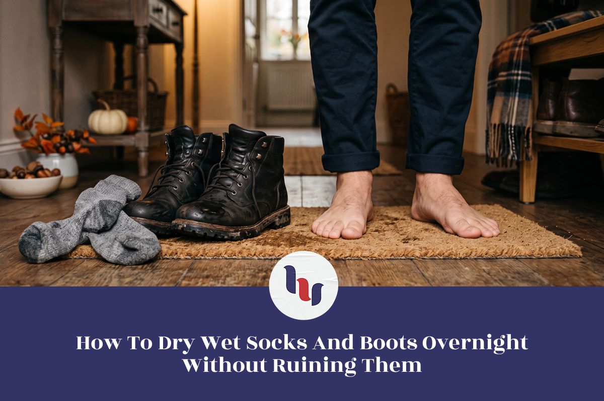 Bare feet beside wet gray socks and black leather boots on a doormat inside a cozy autumn home