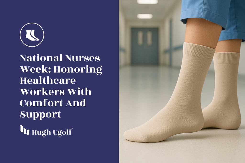 Beige crew socks worn by a nurse in a hospital hallway, celebrating National Nurses Week with comfort-focused Hugh Ugoli socks.