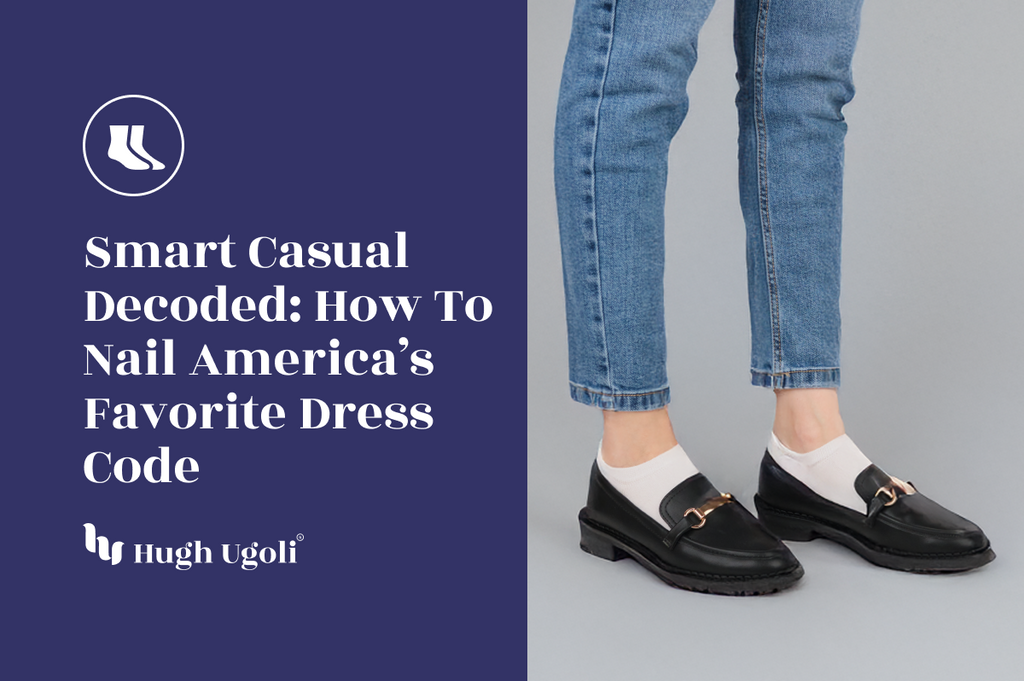 Person wearing white no-show socks with black loafers and blue jeans, exemplifying a smart casual style ideal for modern fashion