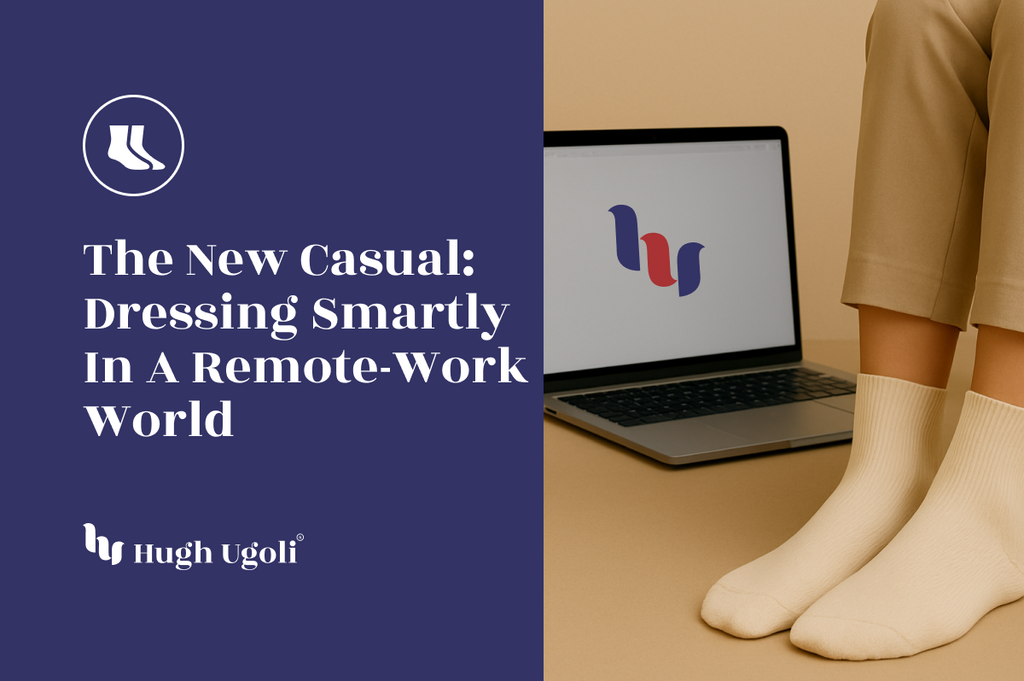 A remote worker sitting comfortably in beige pants and cream-colored socks next to a laptop.