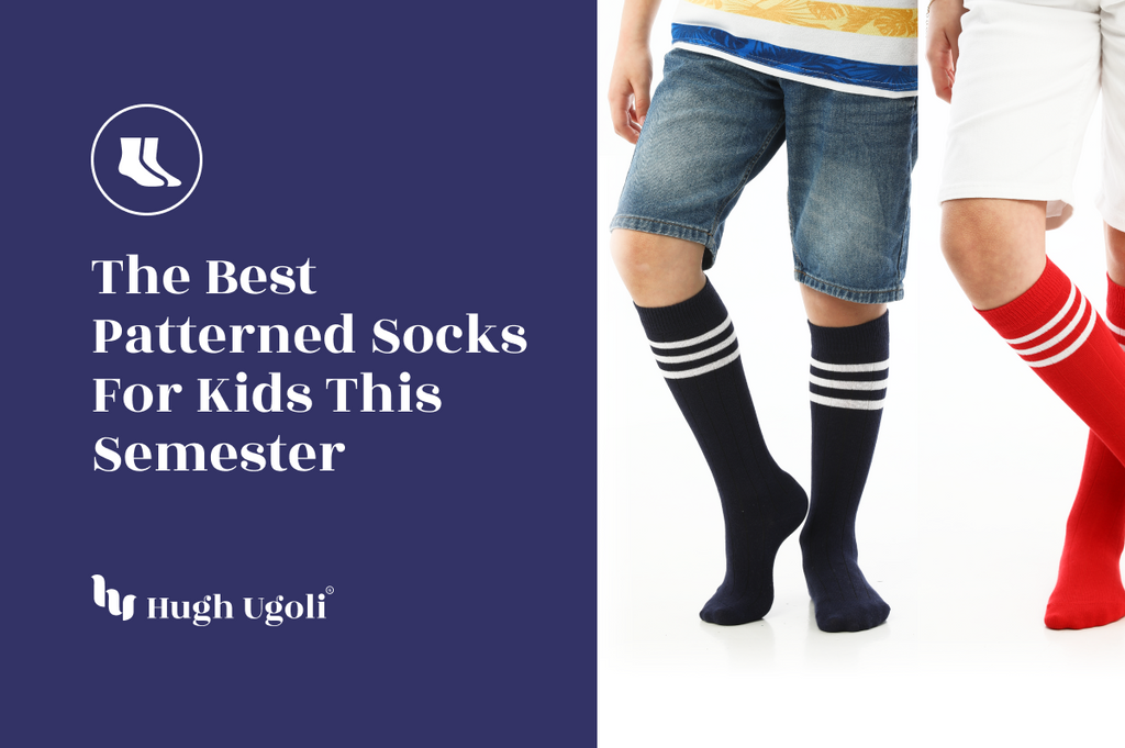Two kids wearing knee-high striped socks in navy blue and red, styled with casual denim and white shorts against a white background.