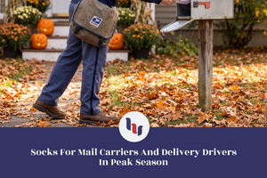 Mail carrier delivering mail at a residential mailbox surrounded by autumn leaves and Halloween decorations