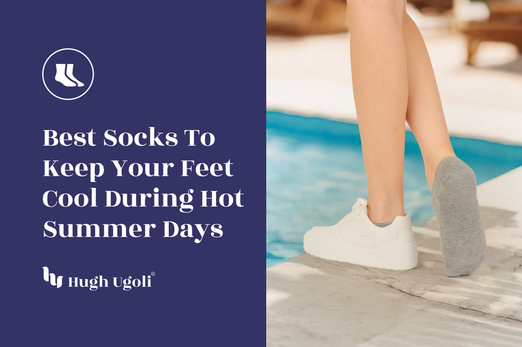 Person standing by a pool wearing grey Hugh Ugoli no-show socks and white sneakers—ideal lightweight socks for staying cool in summer heat.