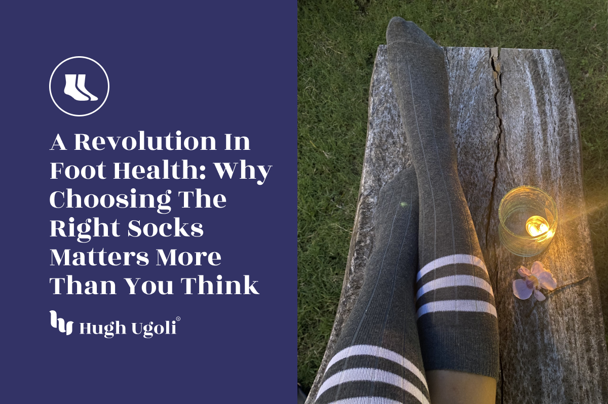 Person wearing Hugh Ugoli striped socks relaxing on a rustic bench with a lit candle and flower nearby, evoking a peaceful evening vibe