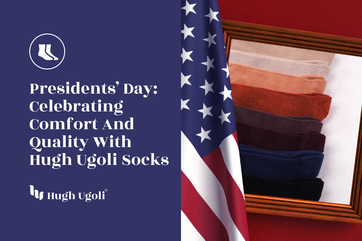 Neatly stacked colorful socks in a framed display, complemented by an American flag, celebrating Presidents' Day with style and comfort