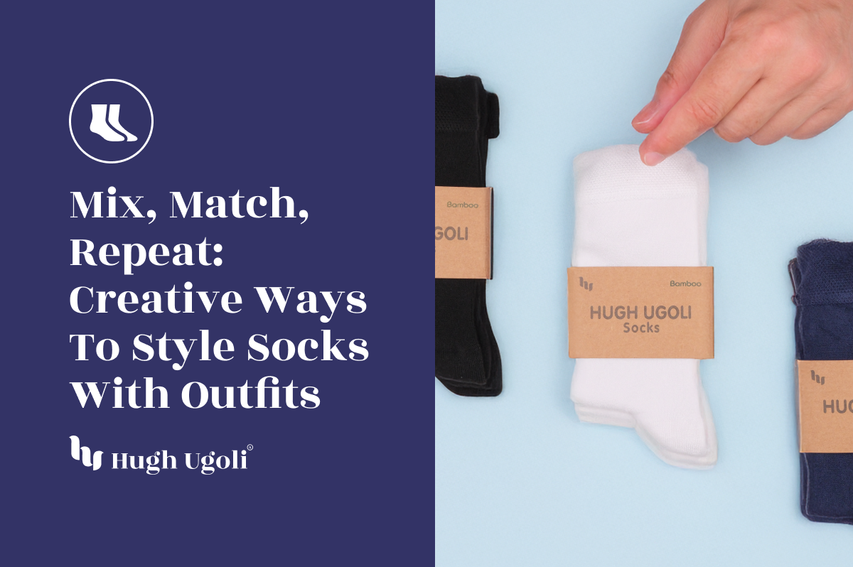 Promotional graphic for Hugh Ugolf socks with text and product display.