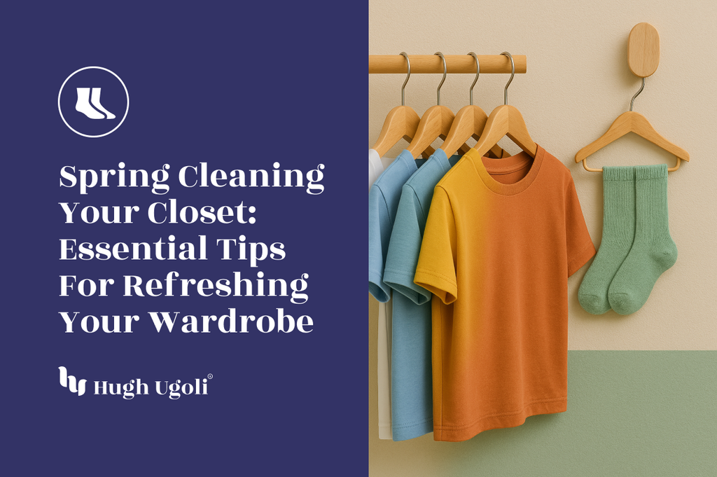 A tidy spring wardrobe with pastel and earthy tones, featuring neatly hung tees and a pair of mint green socks—capturing the fresh start vibe of seasonal closet organization.