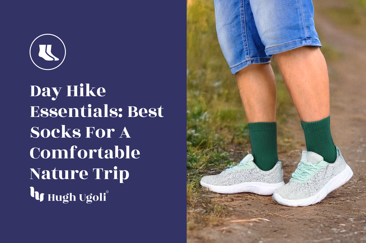 Person wearing green hiking socks and athletic shoes standing on a nature trail, representing comfort and support for day hikes.