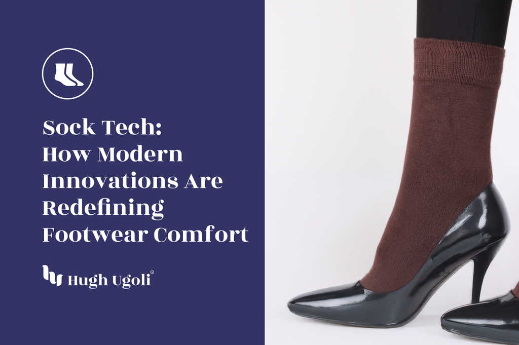 Close-up of burgundy tech-enhanced crew socks worn with glossy black high heels, showcasing modern sock innovation and style on a white background.