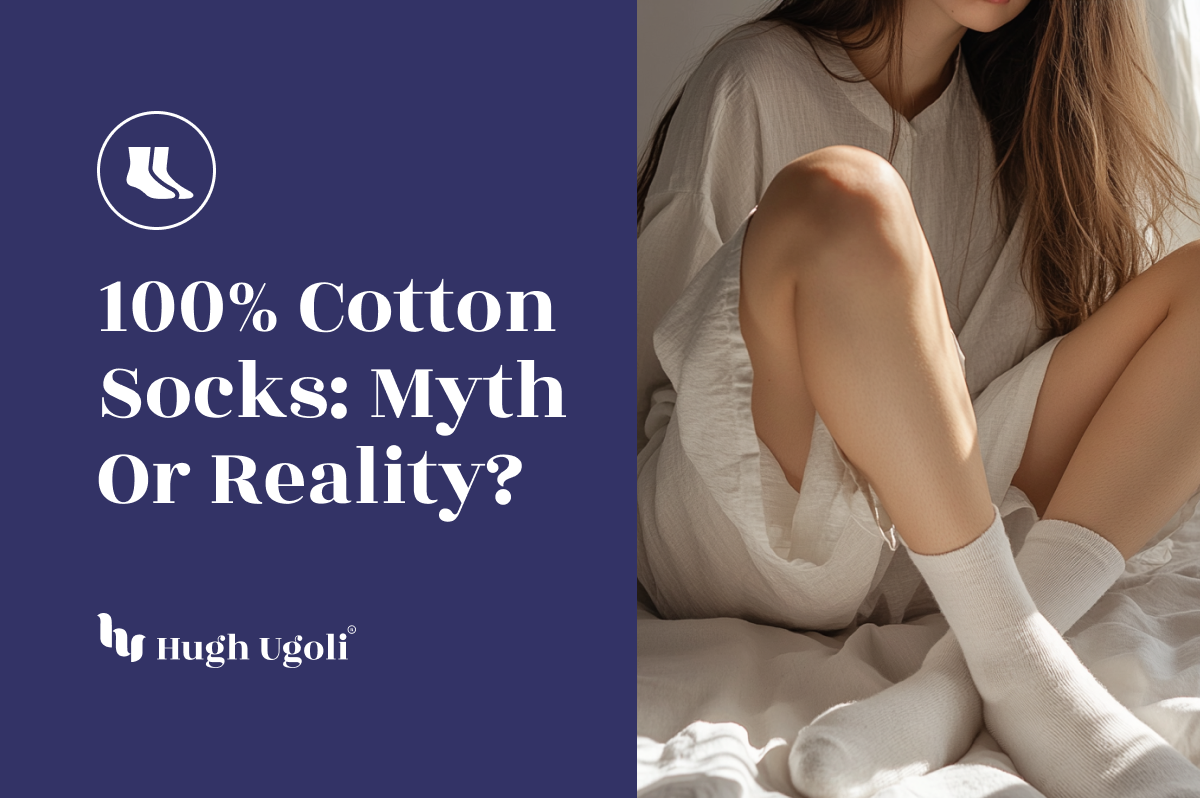 Soft natural lighting highlights a woman wearing cozy white socks and a loose beige dress, seated comfortably on a white bed, evoking a sense of calm and relaxation