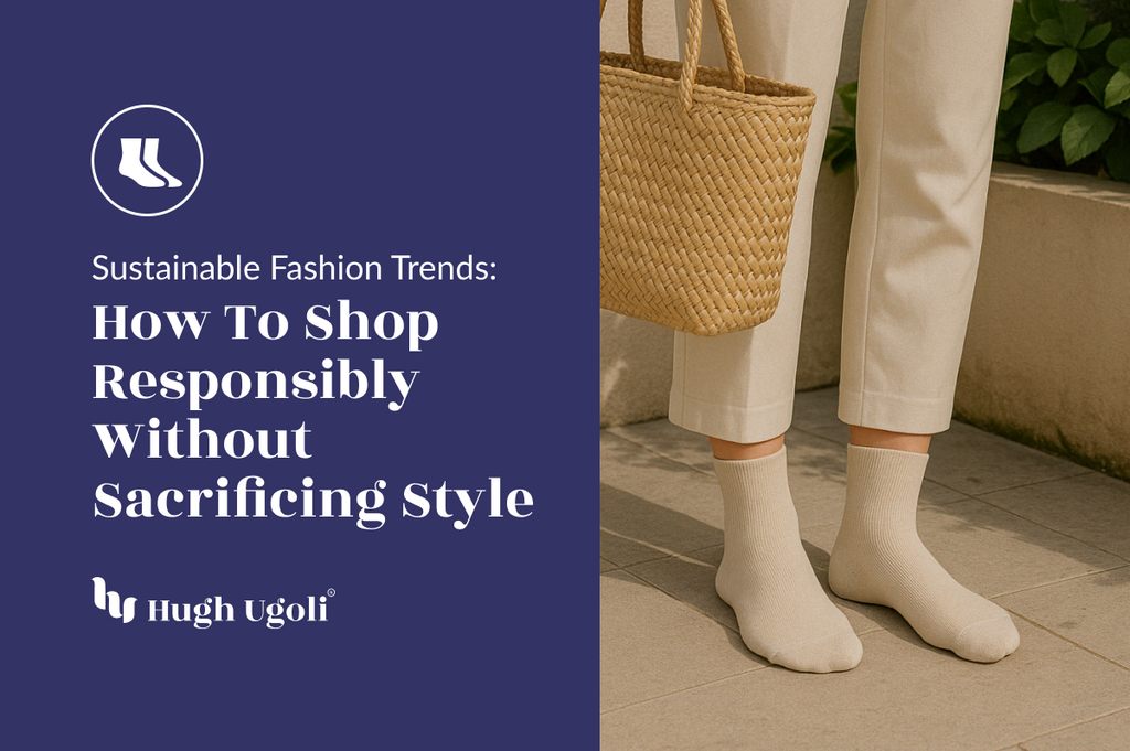 Neutral ribbed socks styled with cream trousers and a woven straw bag—effortlessly merging eco-conscious fashion with timeless elegance for the sustainably chic.