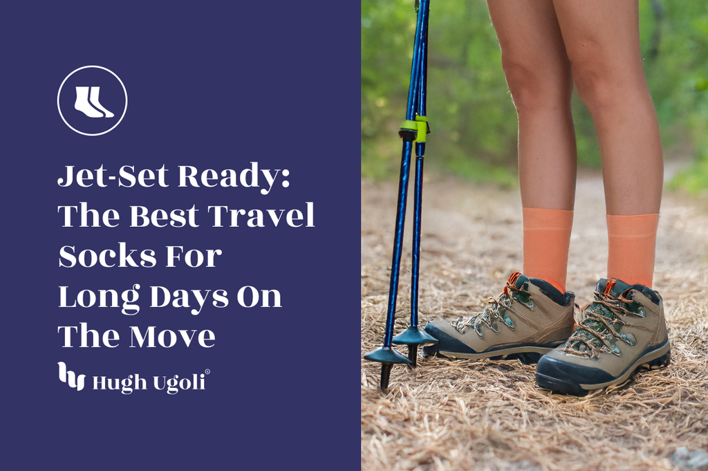 Durable and breathable orange travel socks styled with hiking boots for long-distance walking comfort.