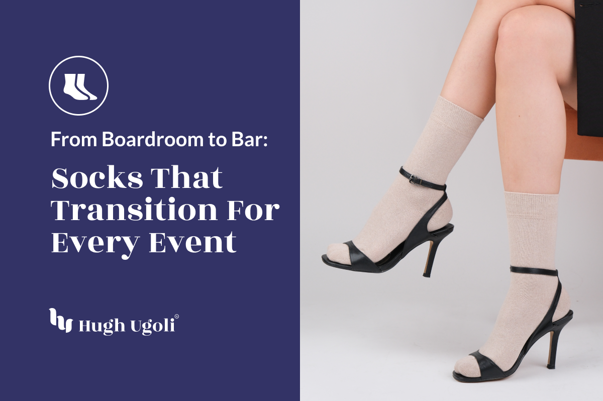 A person's feet wearing Hugh Ugoli's beige no-show socks, crossed casually on a wooden floor, offering a seamless and stylish choice for everyday comfort.